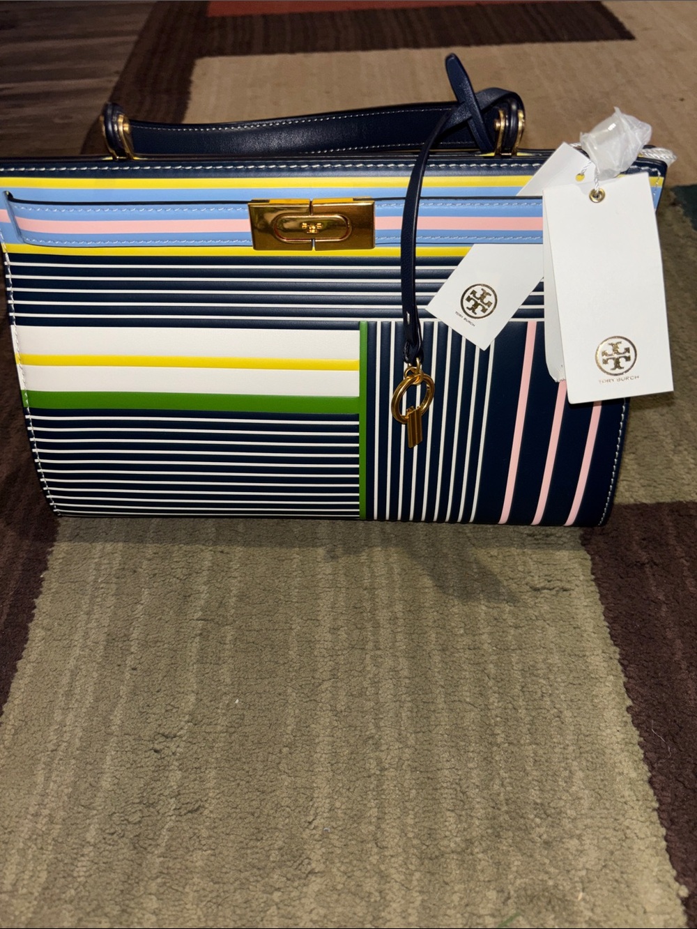 Tory Burch Lee Radzwill Navy Multicolor Striped Satchel